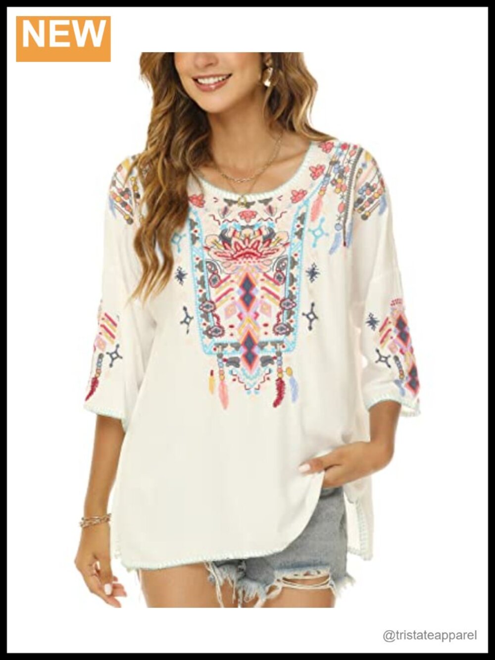 Boho Mexican Embroidered Peasant Tunic Blouse 3/4 Sleeve with Floral Embroidery